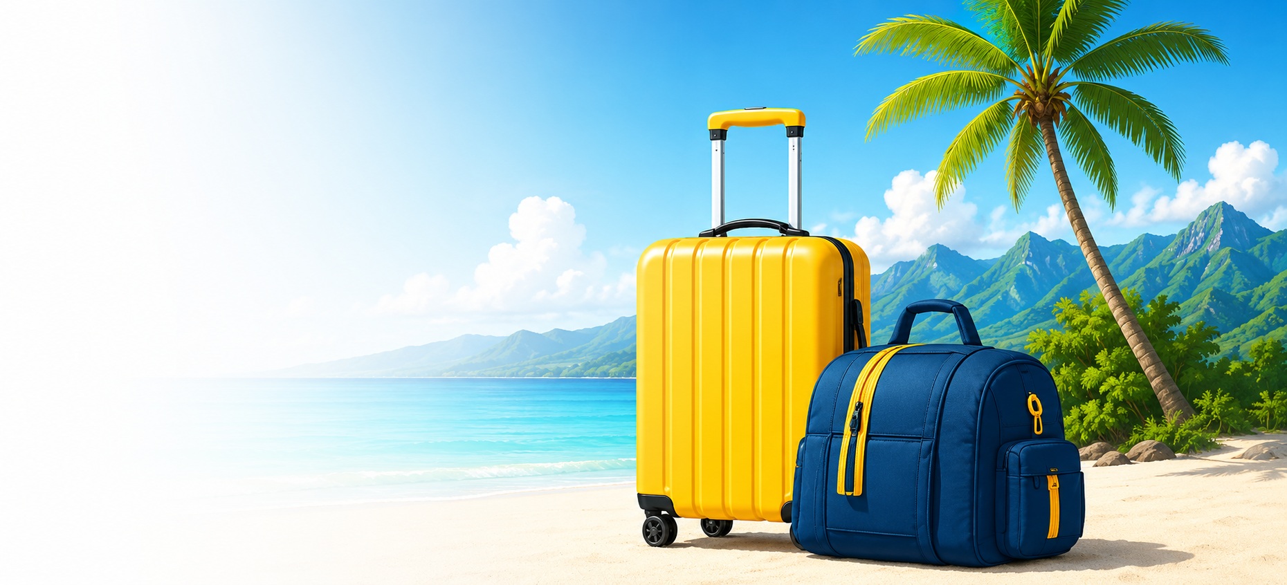 Valise jaune et sac de voyage devant un paysage tropical de La Réunion